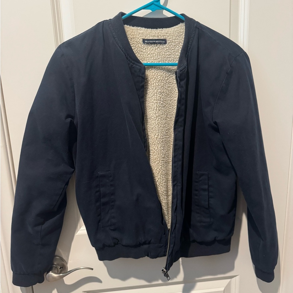 Brandy Melville Navy Bomber Jacket with Cream Sherpa Lining